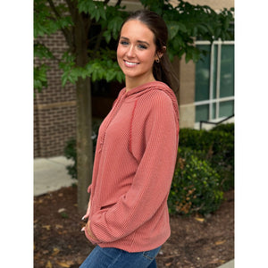 Britta Solid Long Puff Sleeve Ribbed Hoodie - Dark Cinnamon