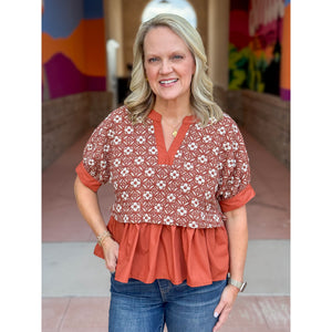 Audra Floral Jacquard Top - Rust