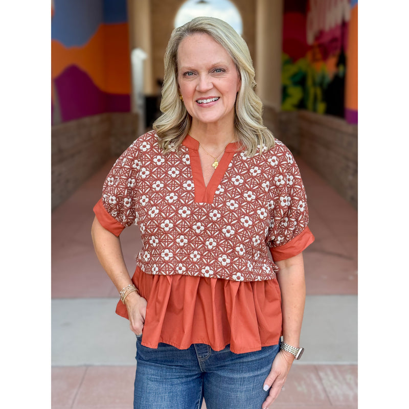Audra Floral Jacquard Top - Rust
