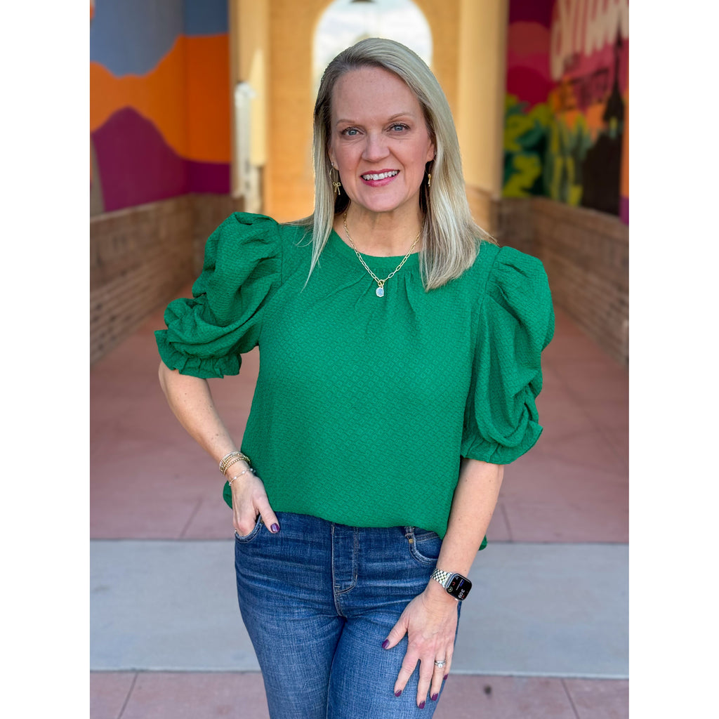 Ariana Puff Sleeve Textured Knit Top - Green