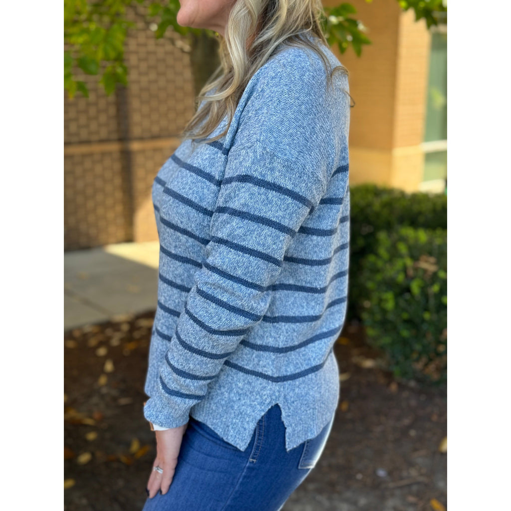 Stevie Striped Crew Neck Pullover Sweater - Denim