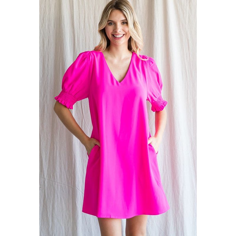 Denise Solid Side Pockets Dress - Hot Pink