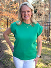 Lianna Solid Round Neck Cap Sleeve Top with Braided Detail - Green