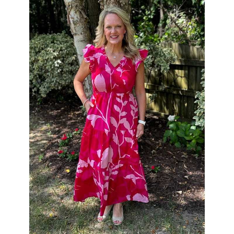 Mila Floral Smocked Tiered Maxi Dress - Magenta Cherry