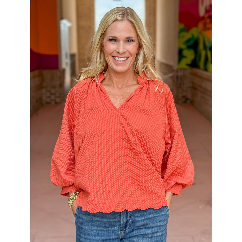 Gina Split V-Neck Textured Top - Burnt Orange