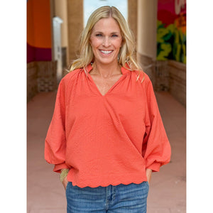 Gina Split V-Neck Textured Top - Burnt Orange