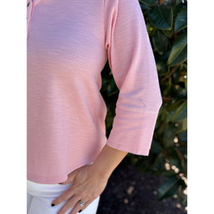 Wendy Waffle Knit Top with Henley Neckline - Blush