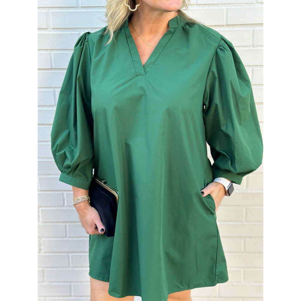 Kiley V-Neck Puff Sleeve Dress - Hunter Green