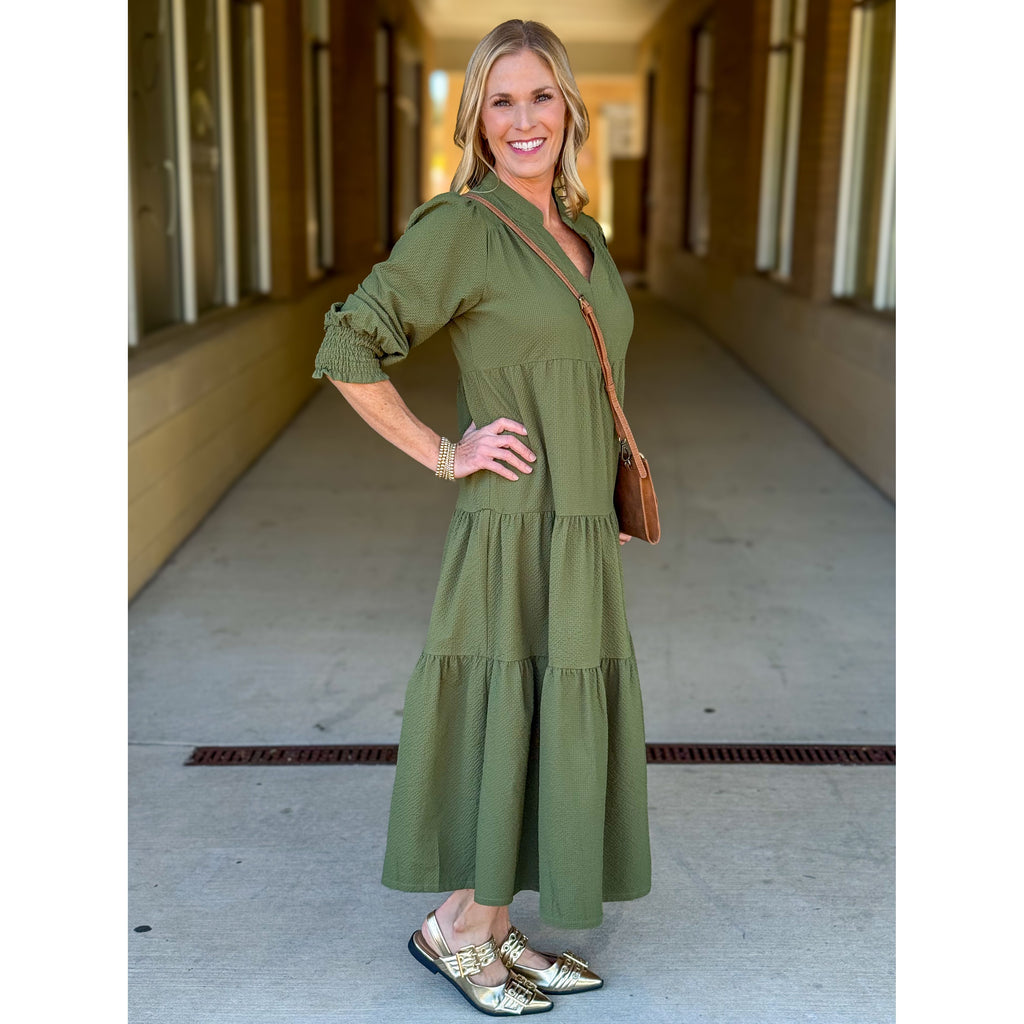 Cyndi Textured Tiered Midi Dress - Olive