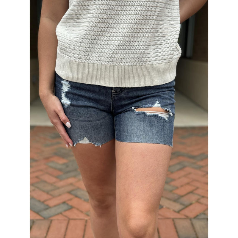 Grace and Lace Distressed Stretch Denim Shorts - Vintage Mid-Wash