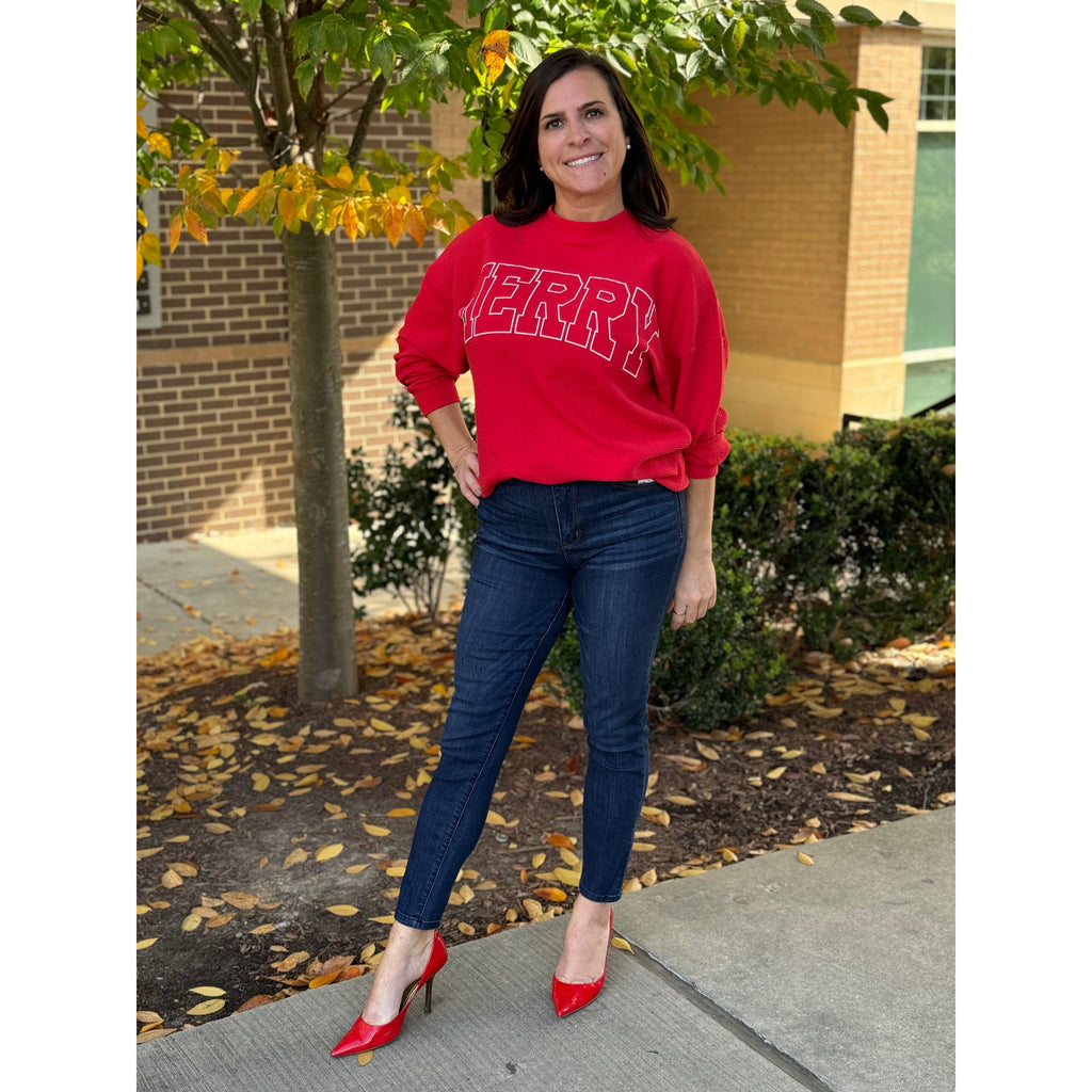 "Merry" Knit Ribbed Christmas Sweatshirt - Red