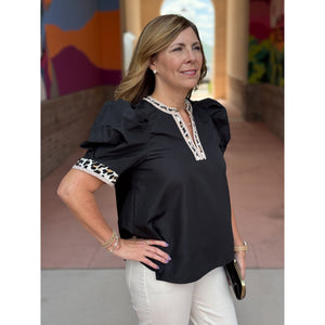 Angela V-Neck Top with Leopard Print Accents - Black