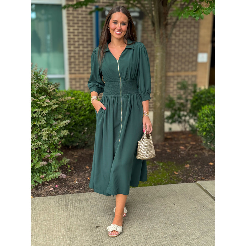 Macy Smocked Waist Zipper Dress - Palm Green