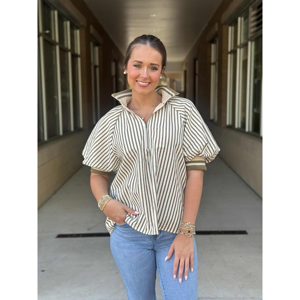 Amelia Short Sleeve Zip Collar Striped Top - Olive