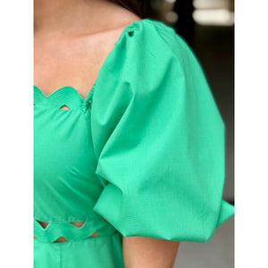 Ashlyn Puff Sleeve Ric Rac Midi Dress - Green