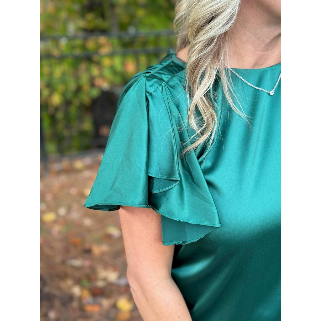 Talia Satin Flutter Sleeve Blouse - Hunter Green