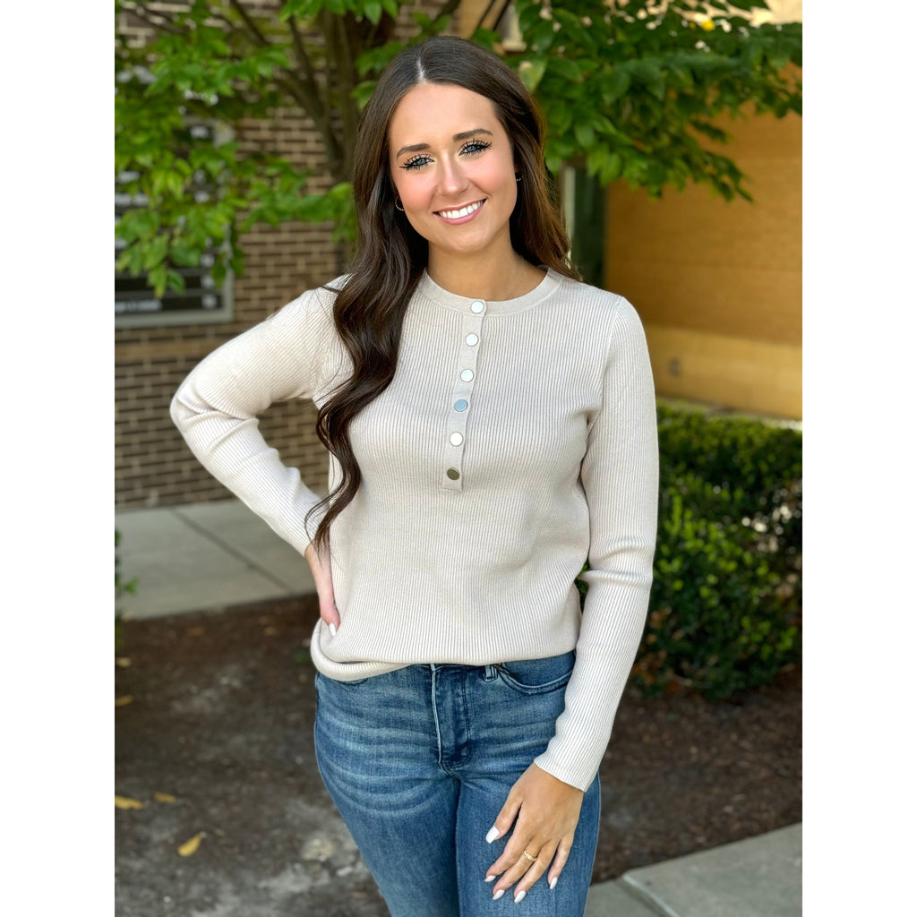 Grace and Lace Ribbed Henley Sweater - Oatmeal