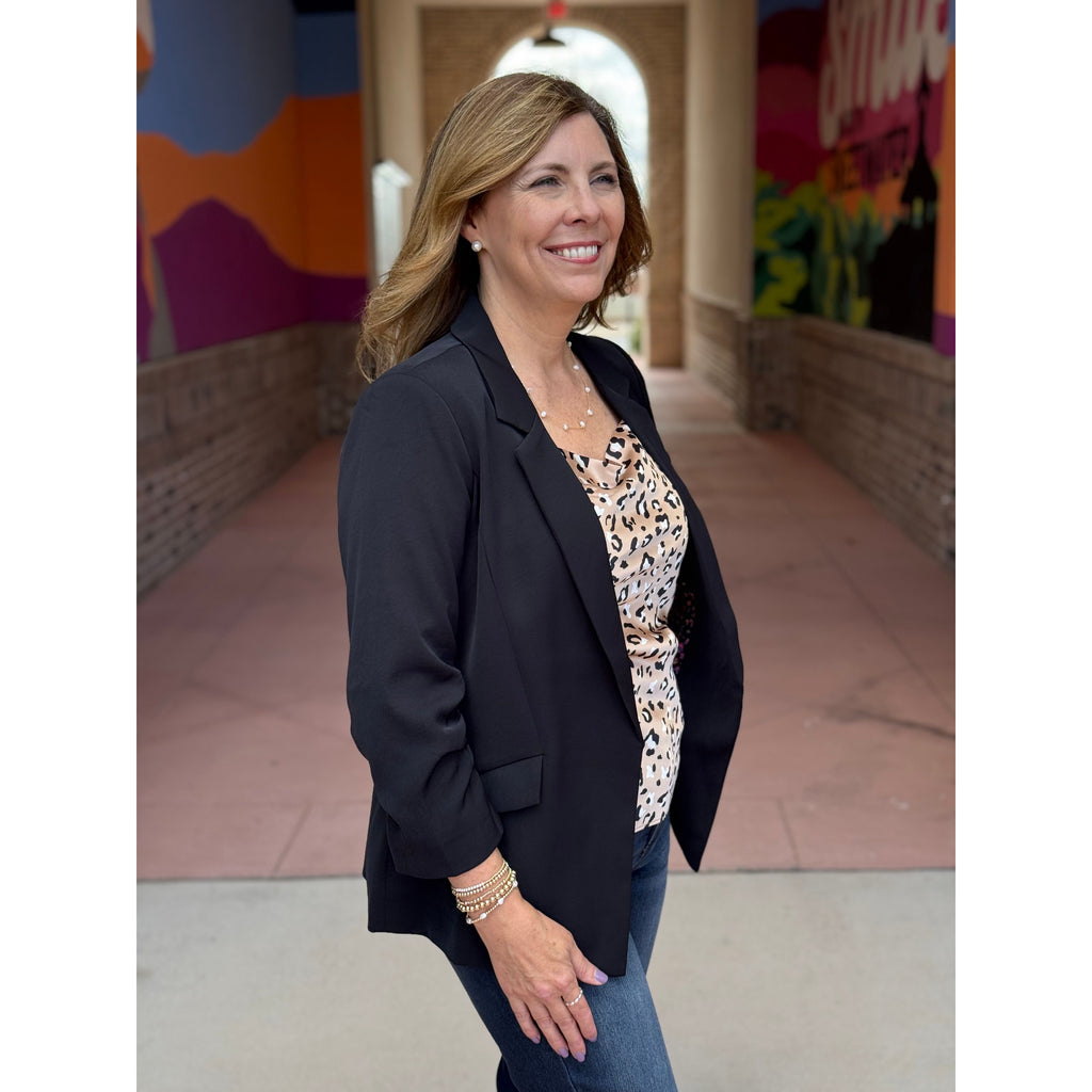 Felicia Recycled Shirred Sleeve Blazer - Black