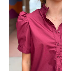 Charley Puff Shoulder Short Sleeve Blouse - Burgundy