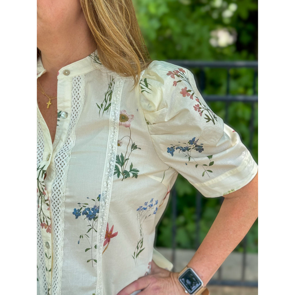 Ansley Floral Lace Trimmed Top - Cream