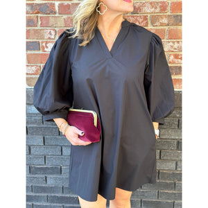 Kiley V-Neck Puff Sleeve Dress - Black