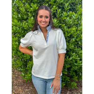 Laurel Striped Collar Puff Sleeve Polo Top - Off White