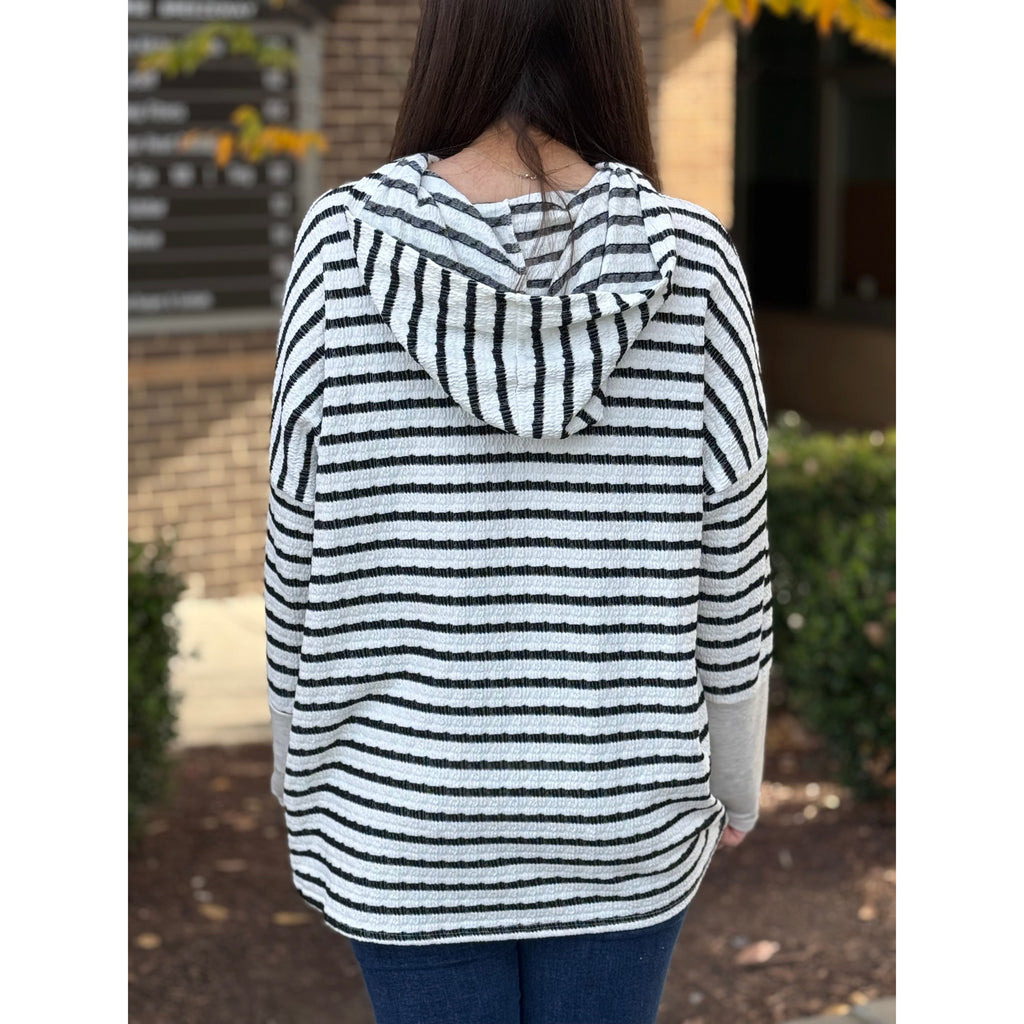 Bentlee Long Sleeve Stripe and Solid Contrast Hoodie Top - Cream/Black