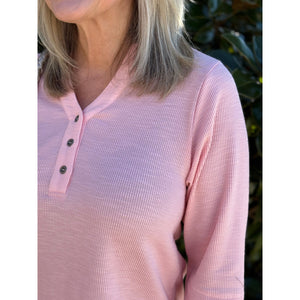 Wendy Waffle Knit Top with Henley Neckline - Blush