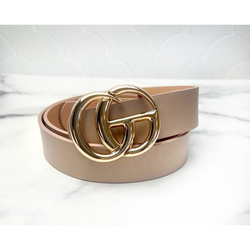 Designer Inspired Faux Leather Belt - Taupe with Gold Buckle