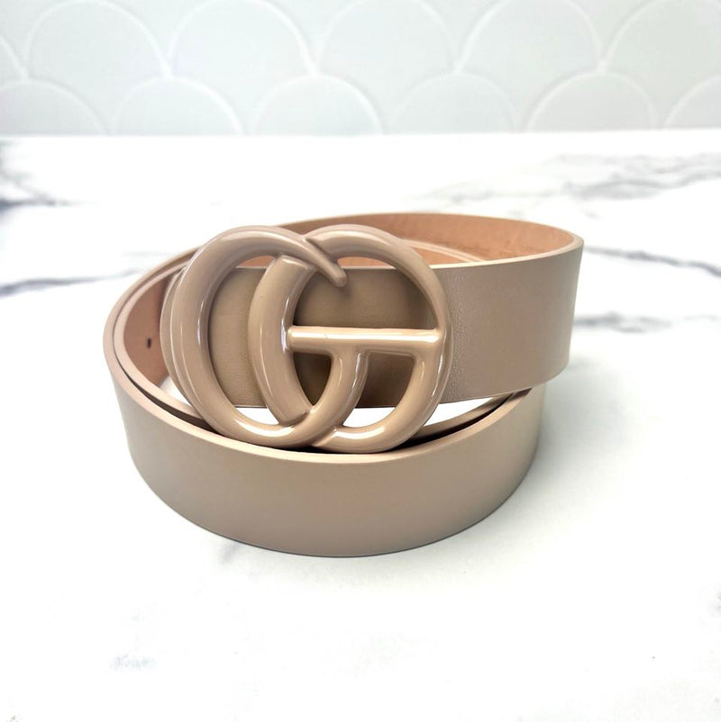Designer Inspired Faux Leather Belt - Taupe with Taupe Buckle