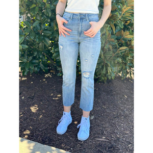 Grace and Lace Mel's Fave Distressed Straight Leg Cropped Denim - Light Wash