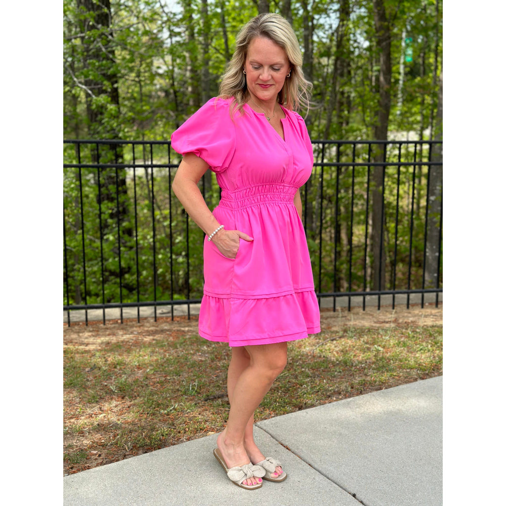 Adalee Solid Short Puff Sleeve Dress - Hot Pink