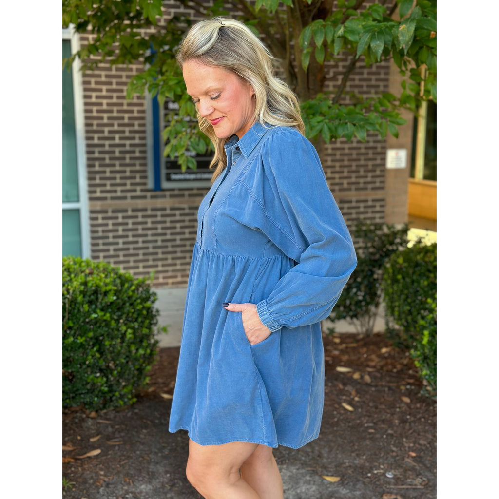 Hayden Corduroy Baby Doll Dress - Denim Blue