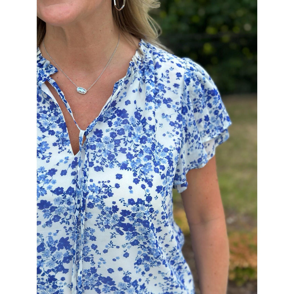 Camellia Floral Jewel Split Neck Blouse - White/Blue/Multi - FINAL SALE