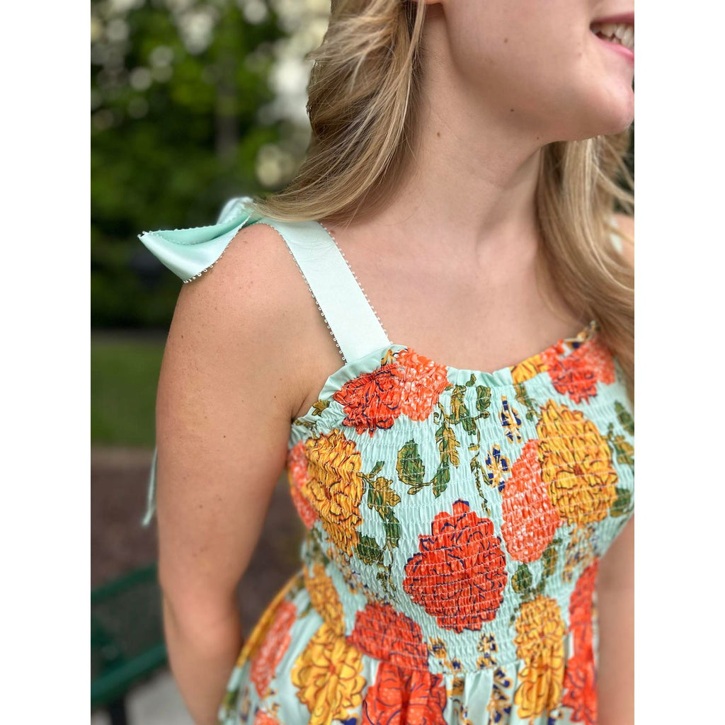 Annabelle Floral Print Dress with Ribbon Tie Straps - Mint/Orange/Yellow Gold