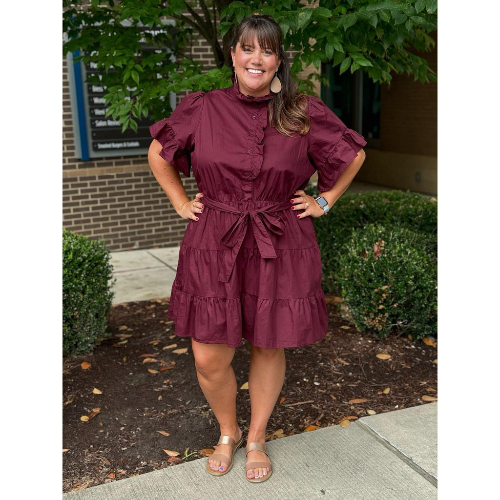 Cottonwood Plus Ruffle Button Down Mini Dress - Merlot