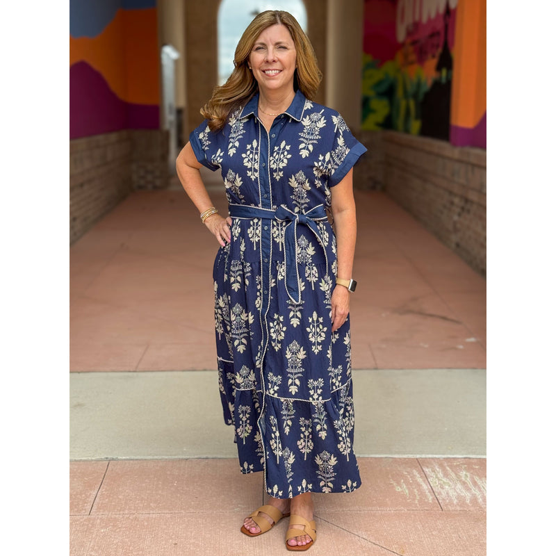 Rumi Botanical Pattern Faux Roll Up Sleeve Midi Dress - Navy
