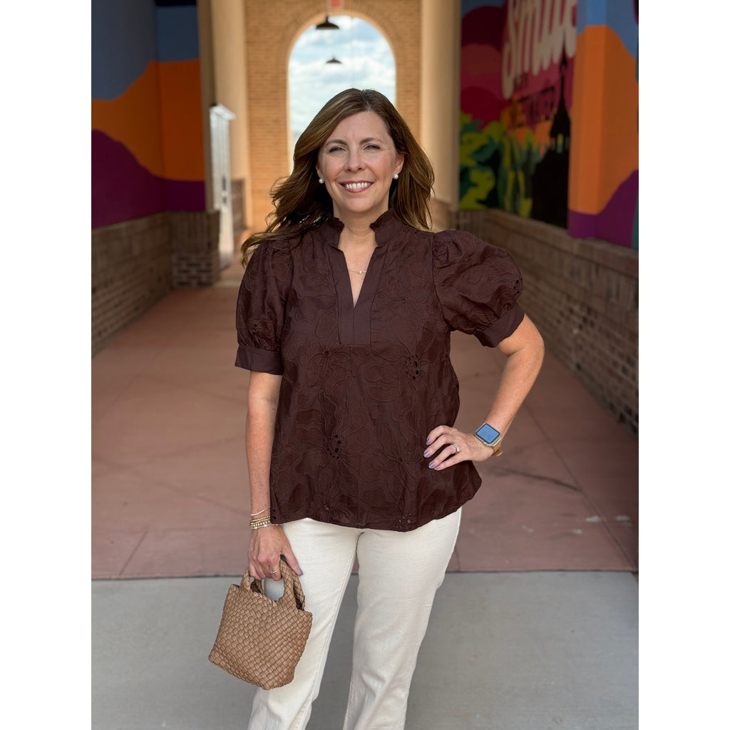 Marianne Embroidered Puff Sleeve Top - Brown