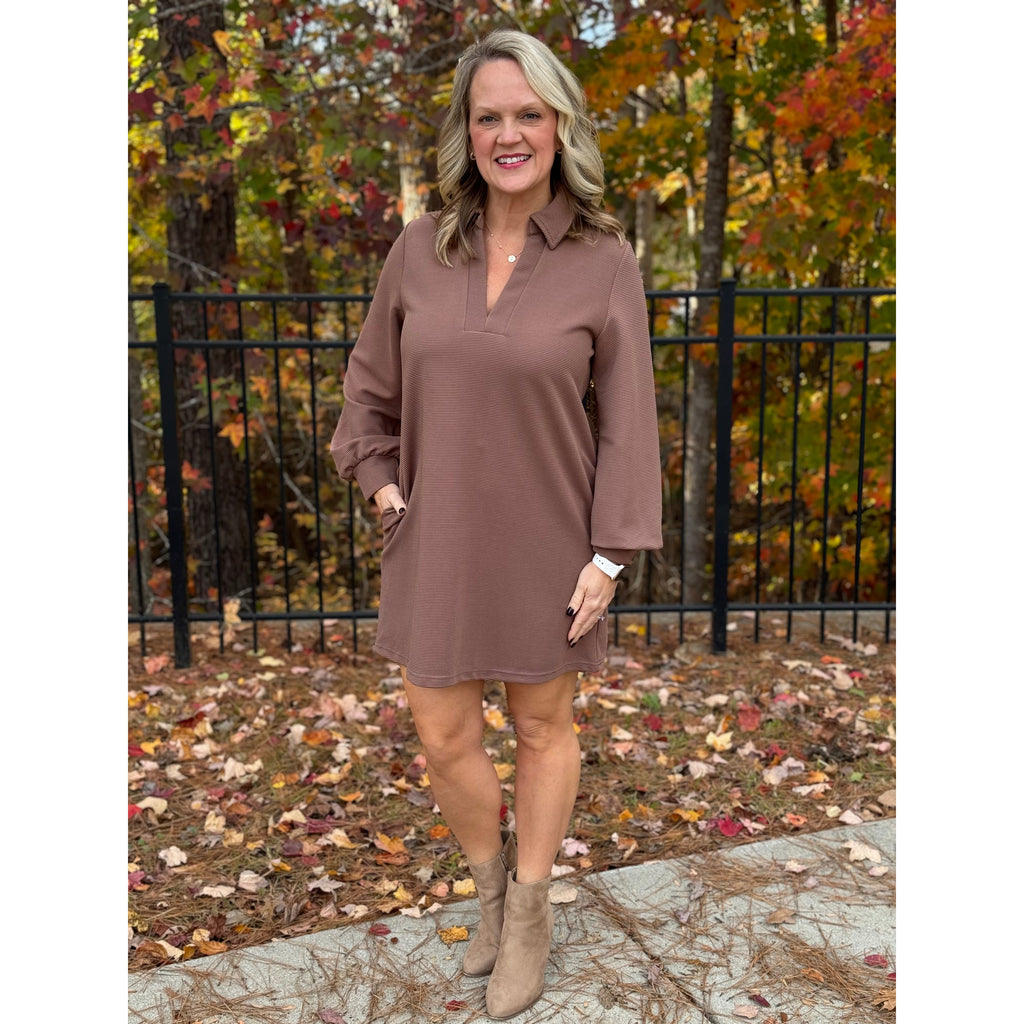 Rosalyn Ribbed Long Sleeve Collared Dress - Mocha