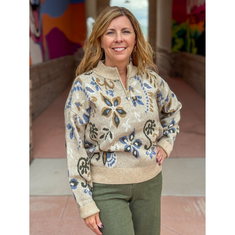 Mitzi Floral Half Zip Up Sweater - Barley