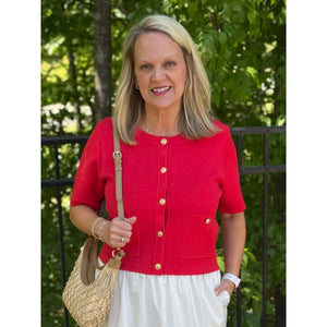 Janice Short Sleeve Knit Cardigan - Red