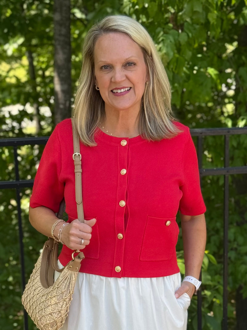 Janice Short Sleeve Knit Cardigan - Red