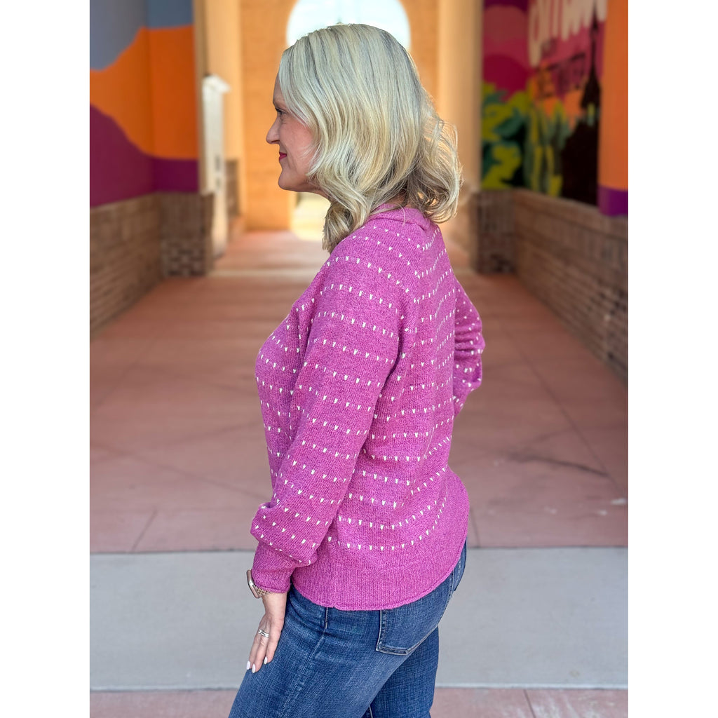 Angie Textured Striped Raglan Sleeve Pullover Sweater - Magenta