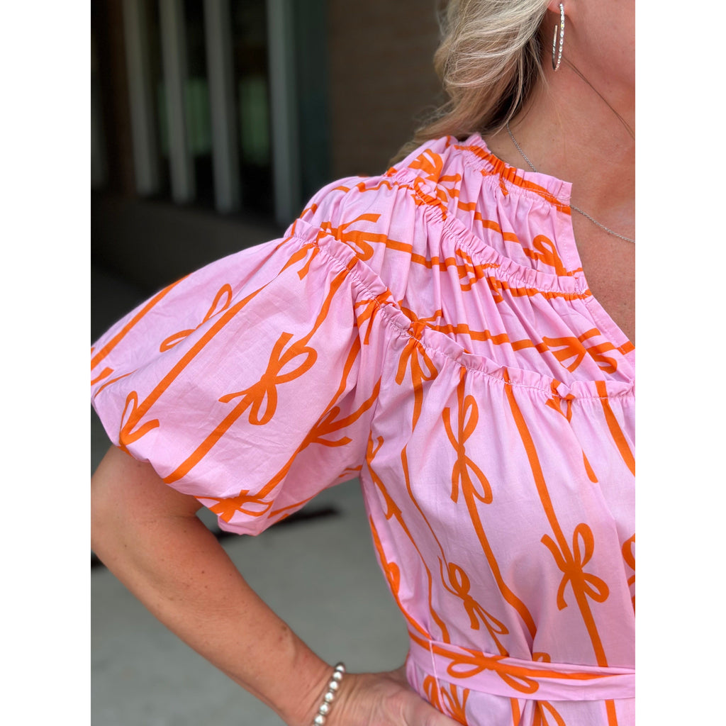 Penelope Ribbon Print Short Puff Sleeve Dress - Bubble Pink