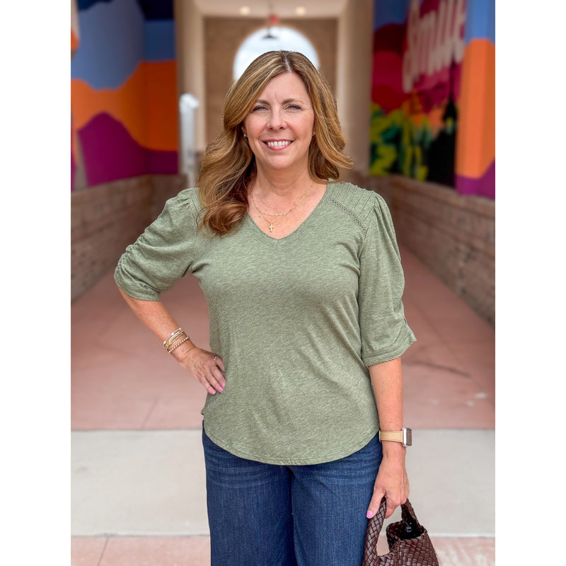 Democracy Elbow Puff Sleeve V-Neck Pintuck Knit Top - Heather Oregano
