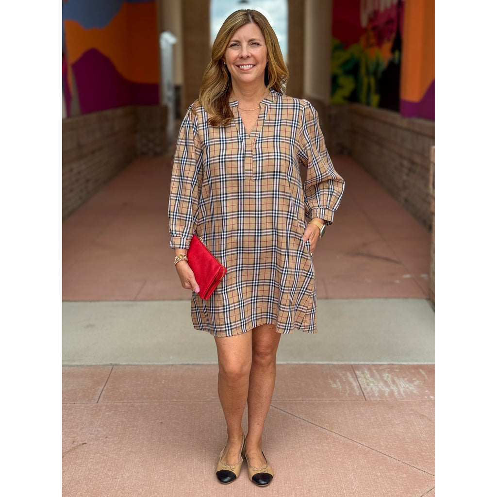 Scottie Plaid Dress with 3/4 Length Sleeves - Taupe