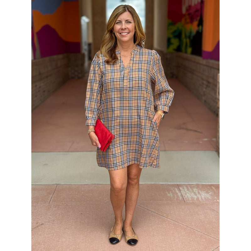 Scottie Plaid Dress with 3/4 Length Sleeves - Taupe