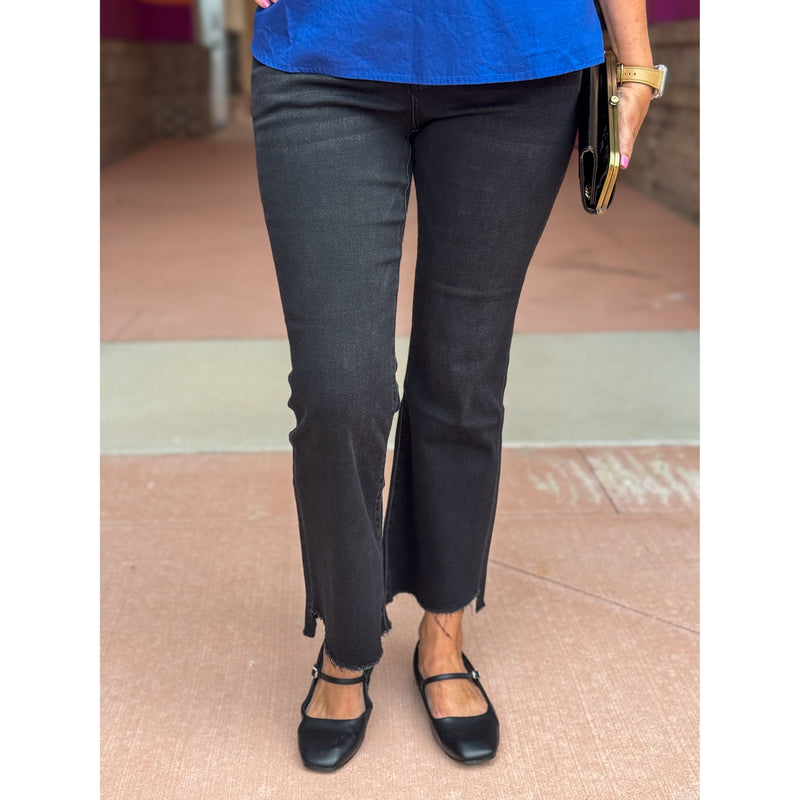 Vervet Alison Mid Rise Raw Step Hem Kick Flare Jeans - Black