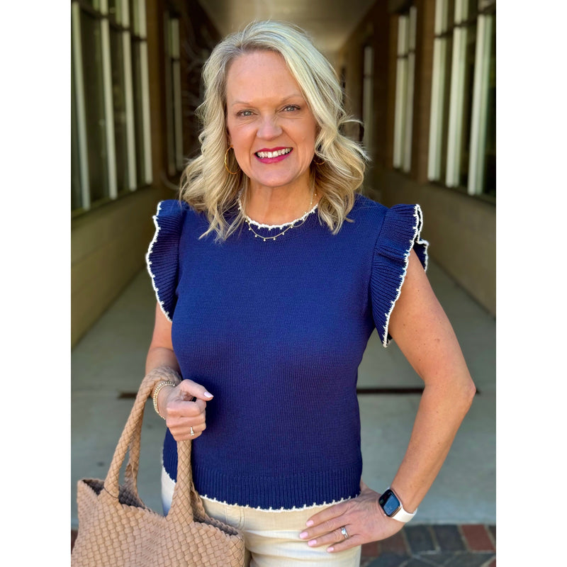 Jolene Short Sleeve Sweater Top - Navy/White