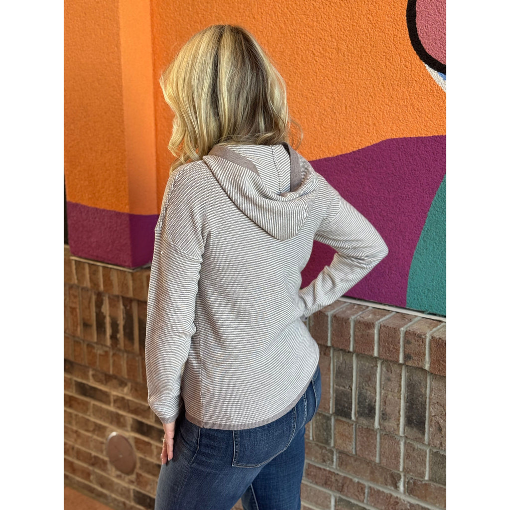 Missy Waffle Texture Striped Pullover Hoodie - Mocha